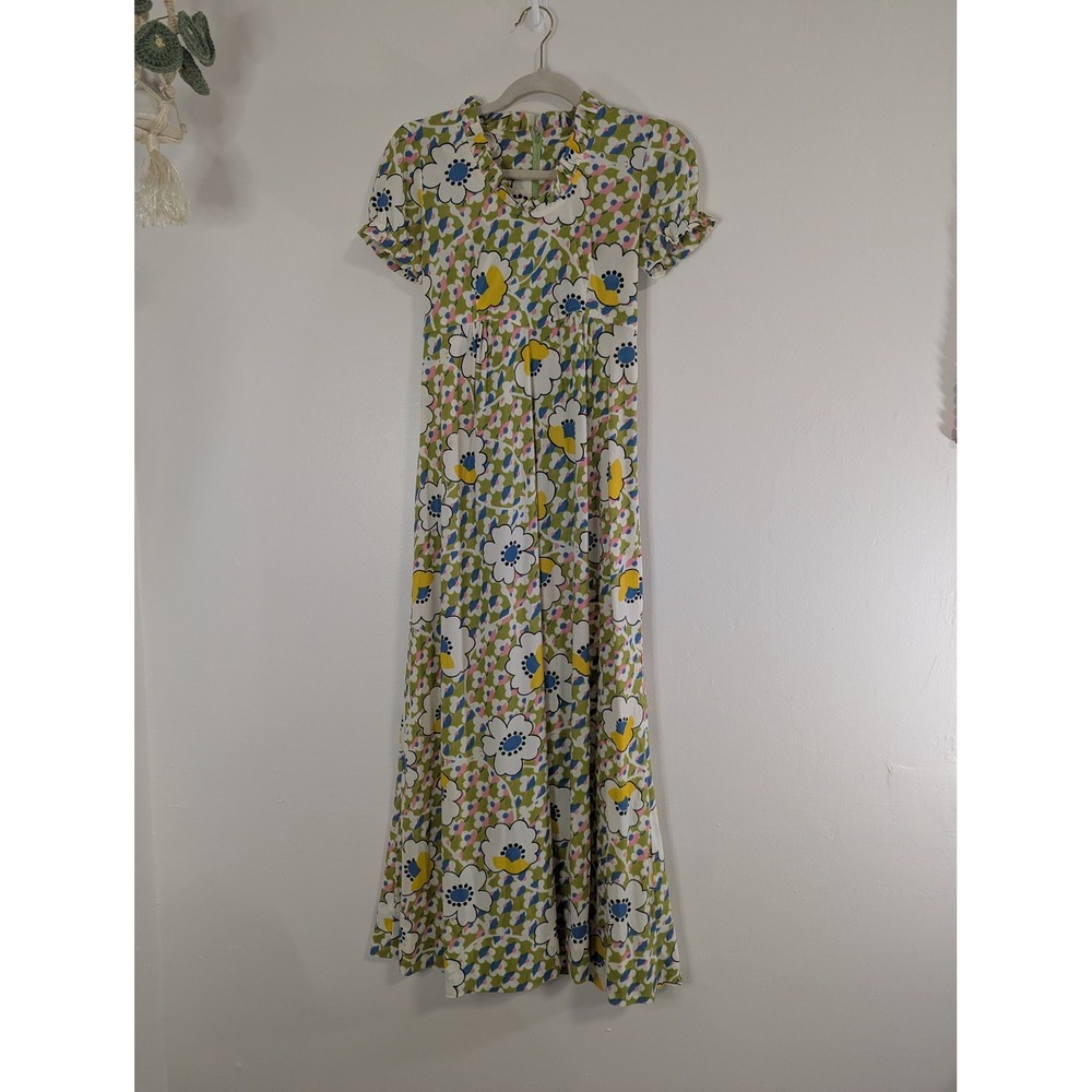 Vintage Method 6 Mod Floral‎ Maxi Dress Green Pink Yellow 60s 70s Ruffle S/XS